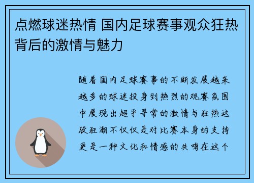 点燃球迷热情 国内足球赛事观众狂热背后的激情与魅力 点燃球迷热情 国内足球赛事观众狂热背后的激情与魅力