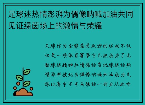 足球迷热情澎湃为偶像呐喊加油共同见证绿茵场上的激情与荣耀 足球迷热情澎湃为偶像呐喊加油共同见证绿茵场上的激情与荣耀
